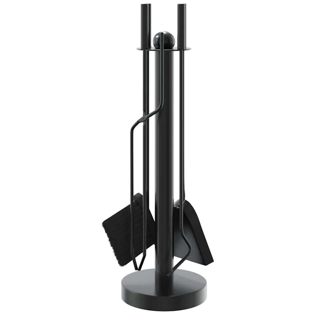 5 Piece Fireplace Tool Set Black Steel with Stand Poker Shovel Broom Brush