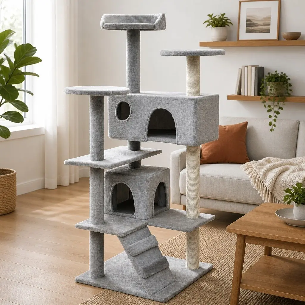 Cat Tree Multi-Level Plush Grey 125cm Tall with Sisal Scratching Posts