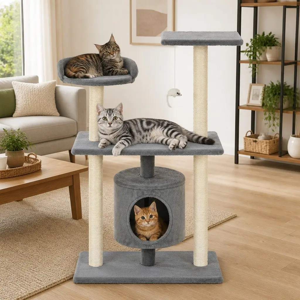 Cat Tree Plush Multi-Level 95cm Grey Scratching Posts Sisal Rope Climbing Play Centre