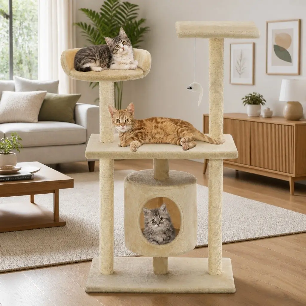 Cat Tree Multi-Level 95cm Beige Plush Sisal Scratching Posts Play Centre House Perch