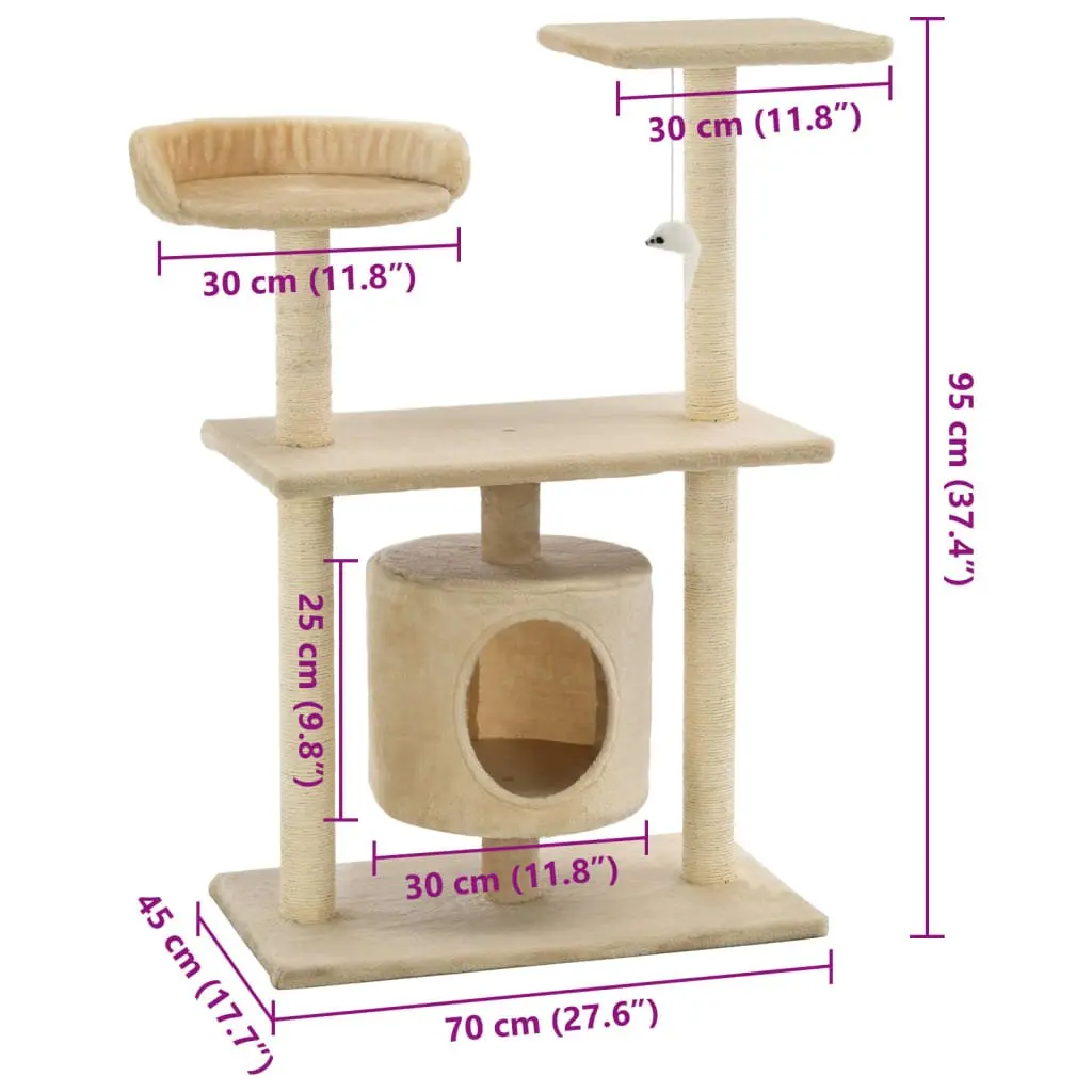 Cat Tree Multi-Level 95cm Beige Plush Sisal Scratching Posts Play Centre House Perch