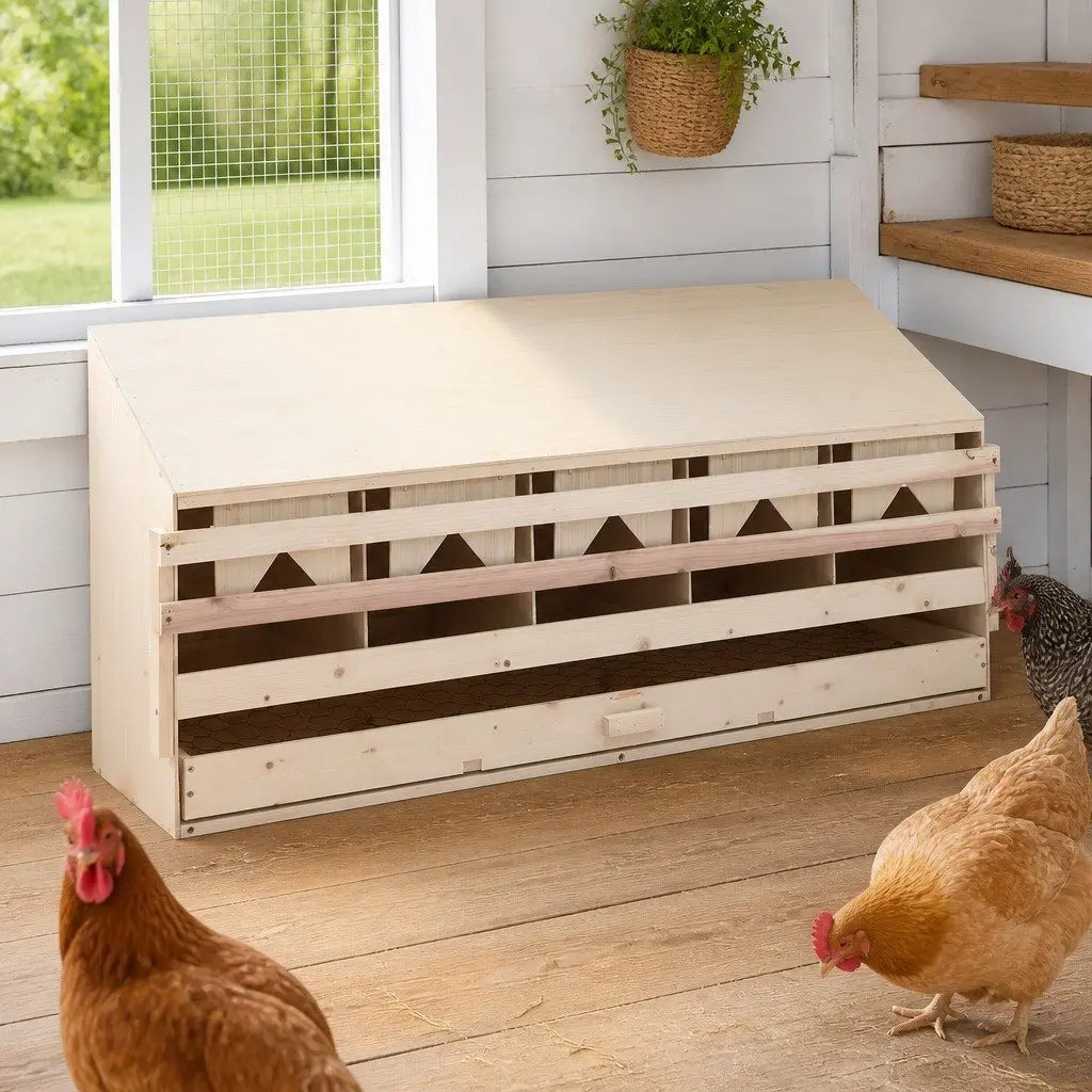 Wooden Nesting Box for Chickens 5 Compartments Solid Pine Wood Egg Collection Drawer Removable Bottom Layer 117x33x54cm
