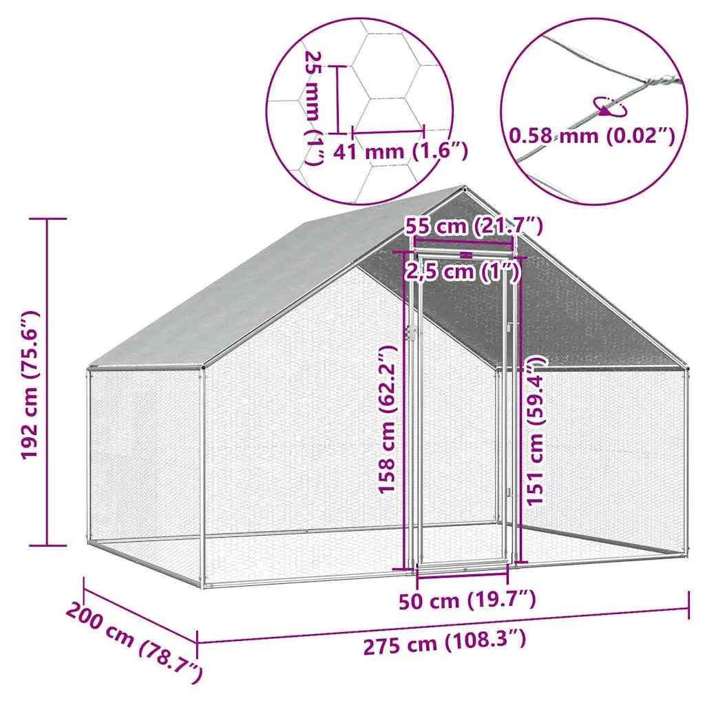 Chicken Run Enclosure Galvanised Steel 2.75m x 2m x 1.92m Silver for Small Animals