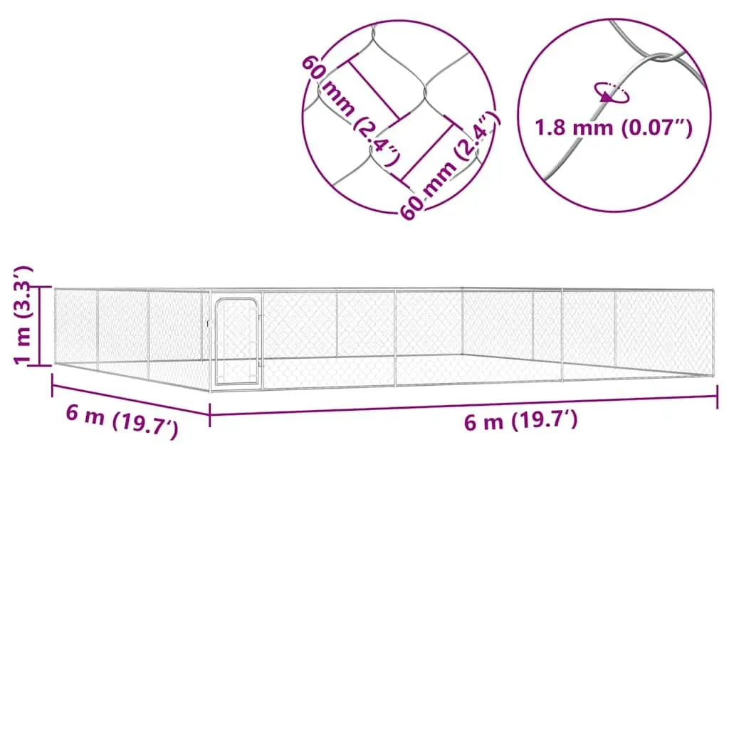 Dog Kennel Chain-Link Mesh Heavy-Duty Galvanised Steel 6x6x1m Silver