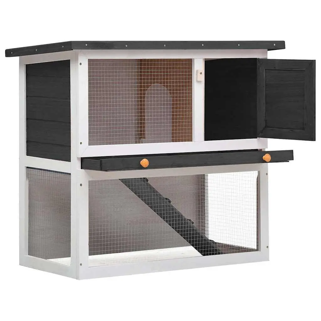 Outdoor Wooden Rabbit Hutch Grey Enclosure Small Animal Cage with Exercise Ramp and Covered Sleeping Area