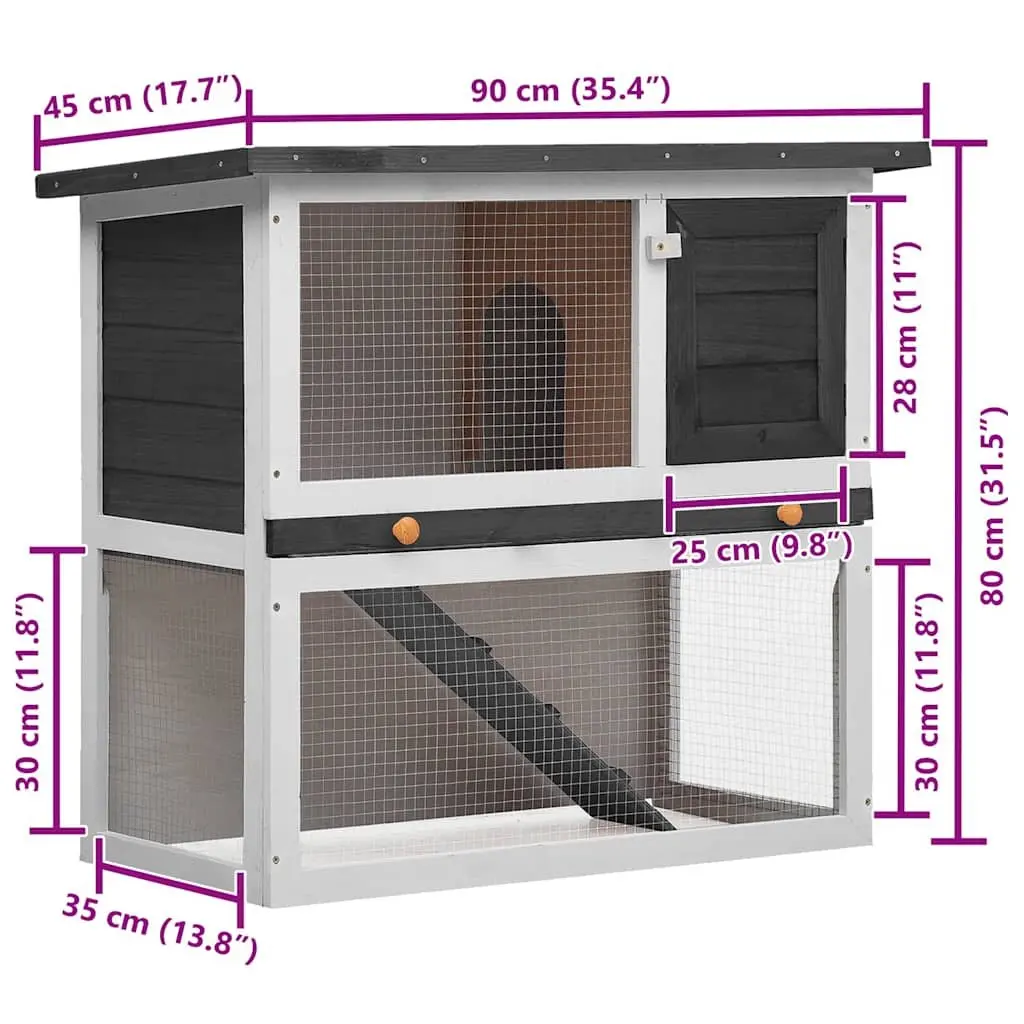 Outdoor Wooden Rabbit Hutch Grey Enclosure Small Animal Cage with Exercise Ramp and Covered Sleeping Area