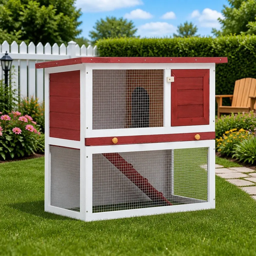 Outdoor Rabbit Hutch Wood Cage Small Animal Pet Enclosure with Ramp Door Red