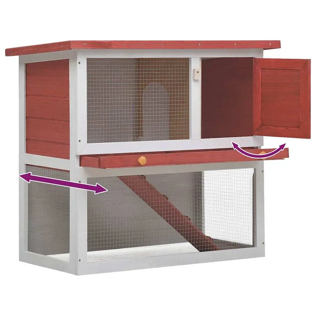 Wood Rabbit Hutch Two-Level Enclosure with Ramp Red