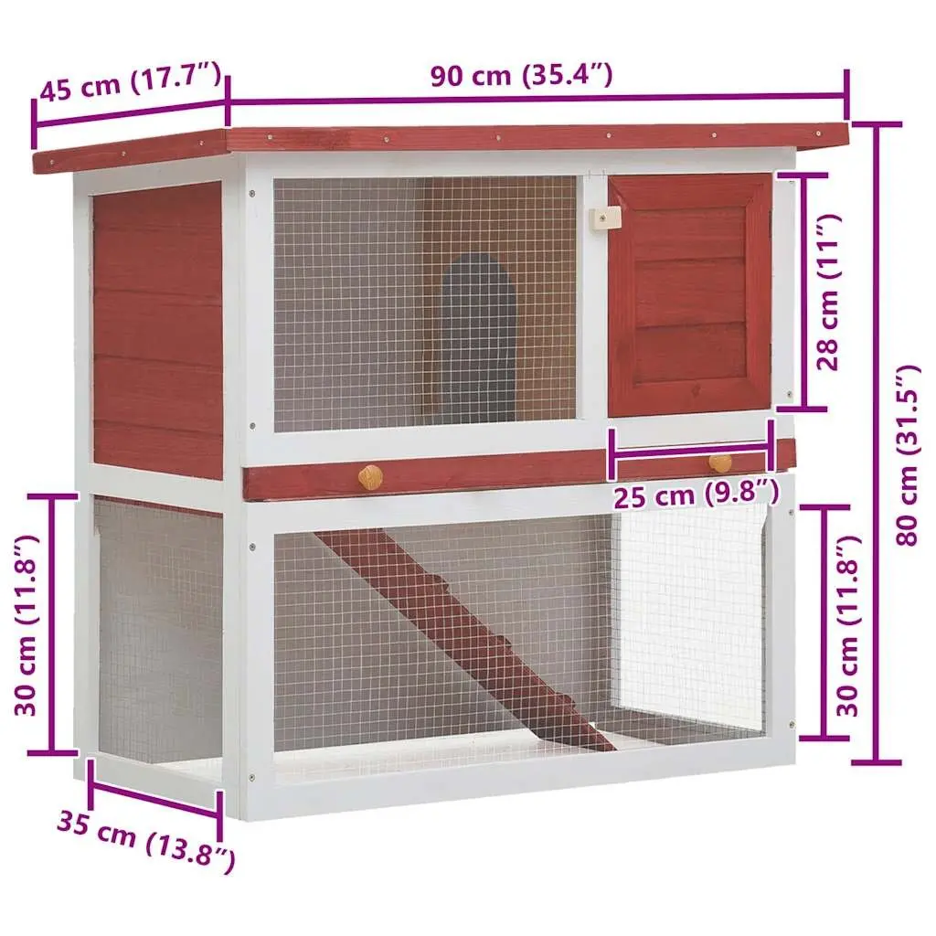Wood Rabbit Hutch Two-Level Enclosure with Ramp Red