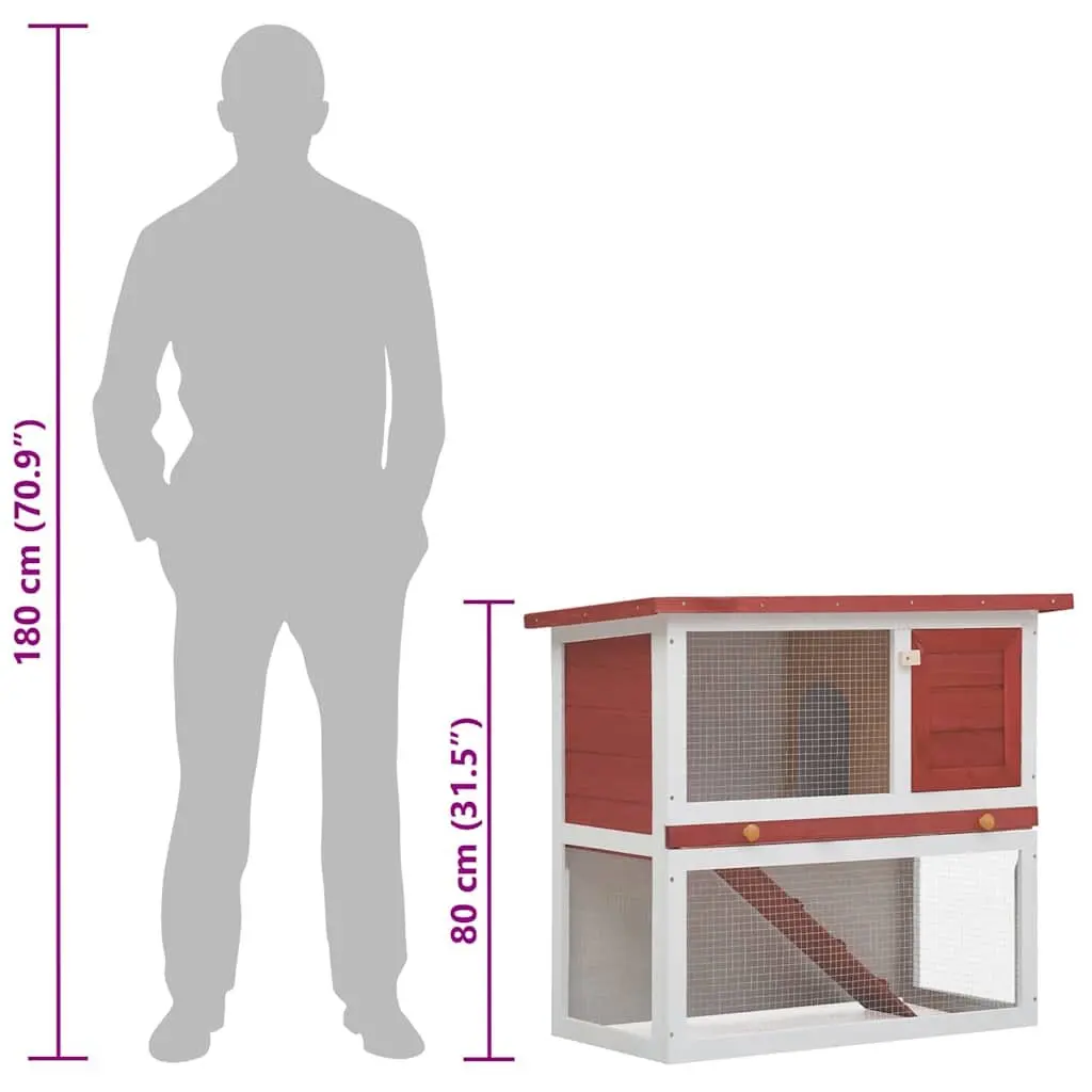 Wood Rabbit Hutch Two-Level Enclosure with Ramp Red