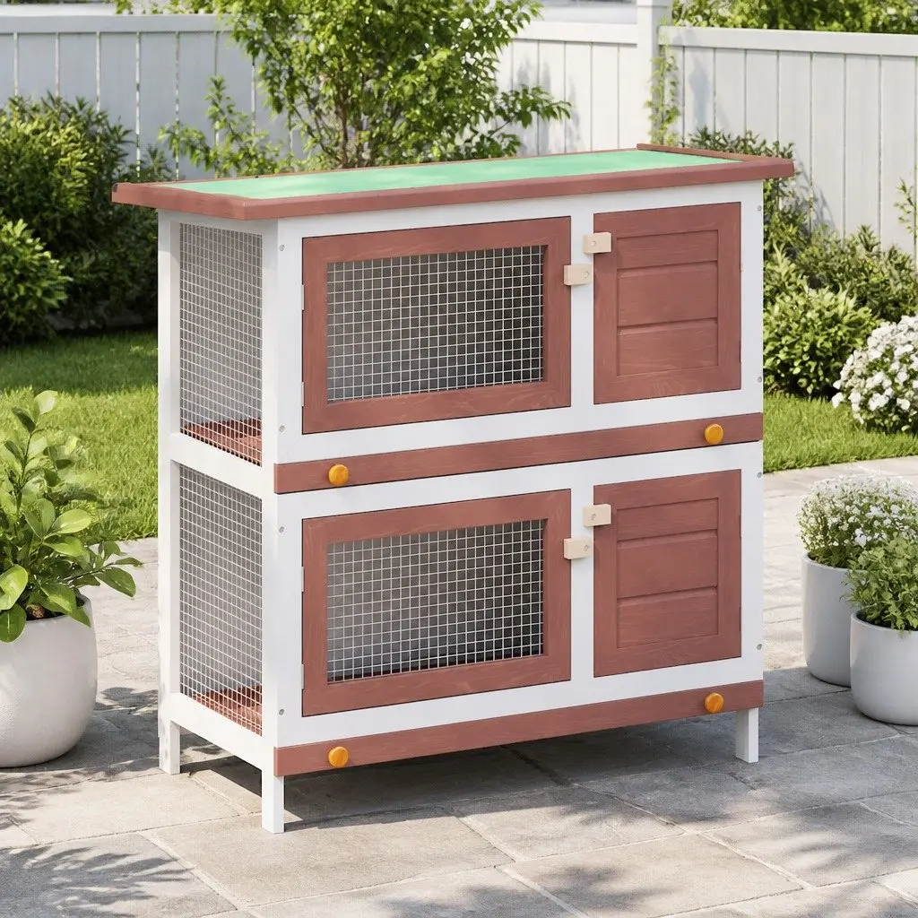 Wooden Rabbit Hutch with Four Access Doors and Cleaning Trays