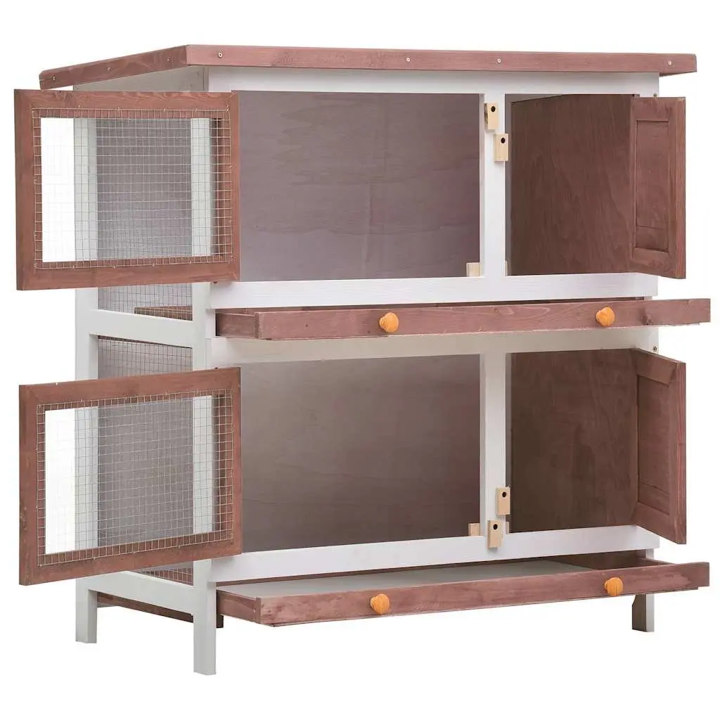 Wooden Rabbit Hutch with Four Access Doors and Cleaning Trays