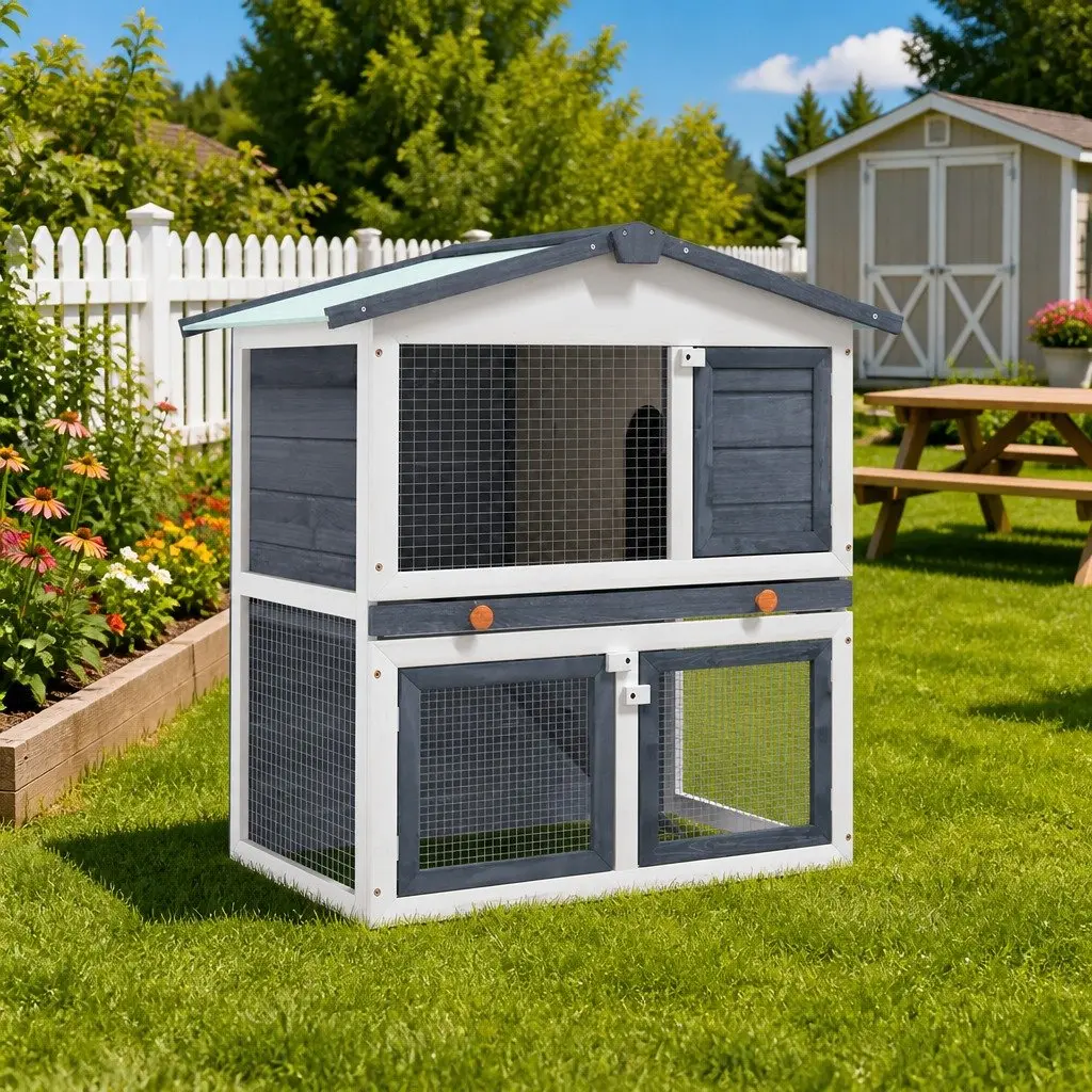 Rabbit Hutch 3 Doors Two Layer Wooden Enclosure Small Animal Cage Grey