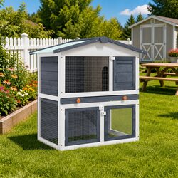 Rabbit Hutch 3 Doors Two Layer Wooden Enclosure Small Animal Cage Grey