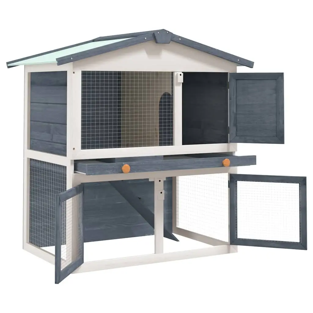 Rabbit Hutch Wooden Two Layer 3 Door Enclosure Small Animal Cage Grey