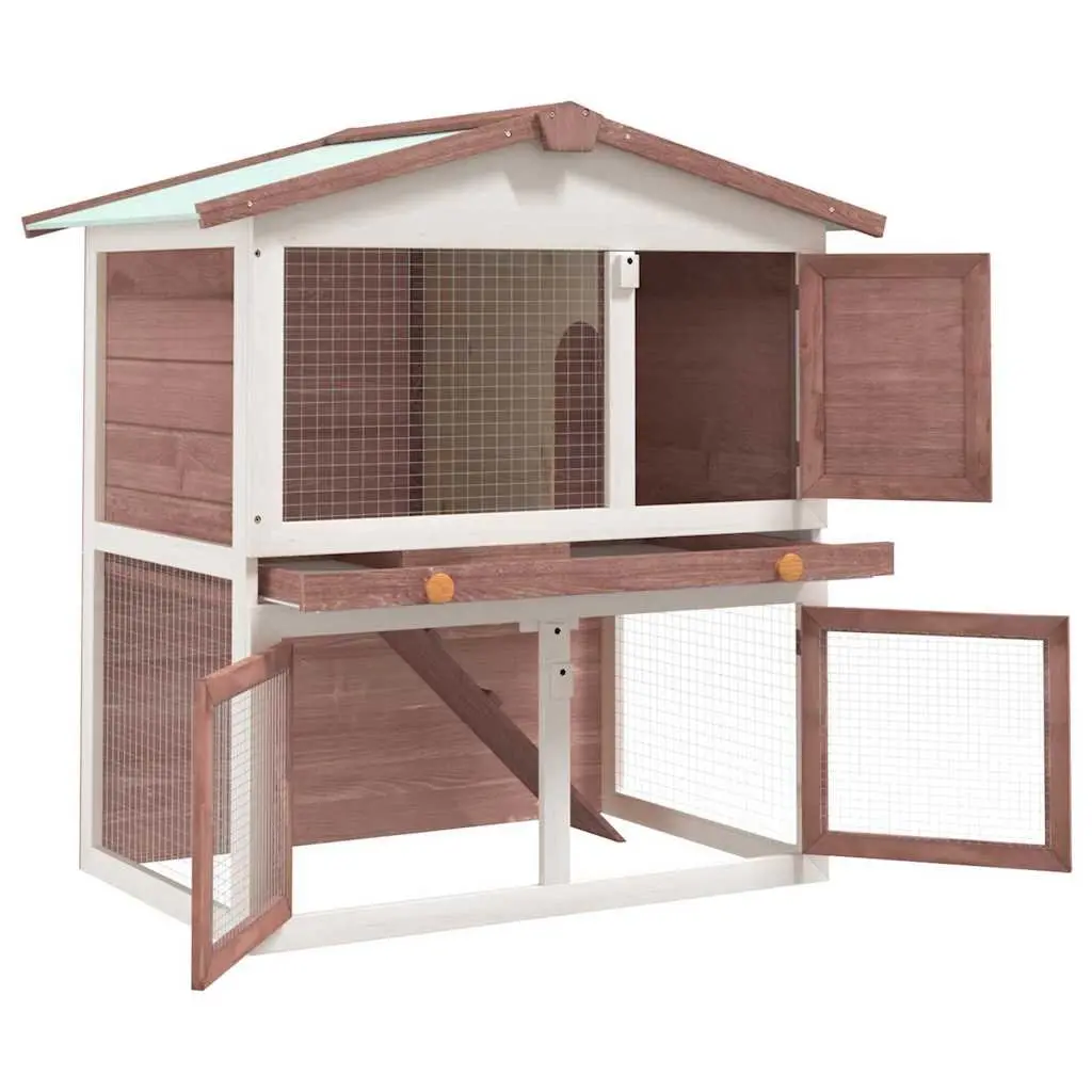 Outdoor Rabbit Hutch Wood 2 Layer Brown 3 Doors Small Animal Cage Exercise