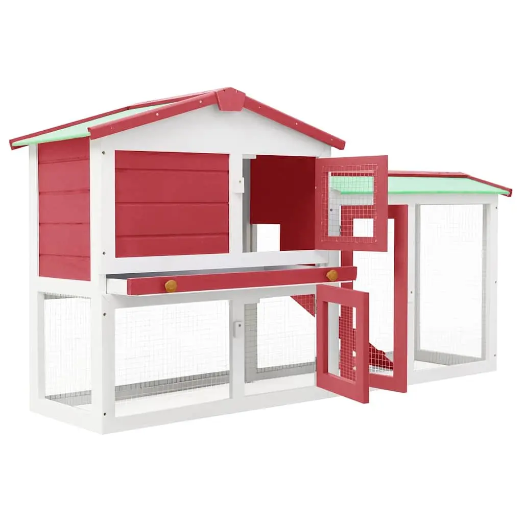 Outdoor Rabbit Hutch Large Wooden 2 Layer Red White 145x45x84cm Cage Run