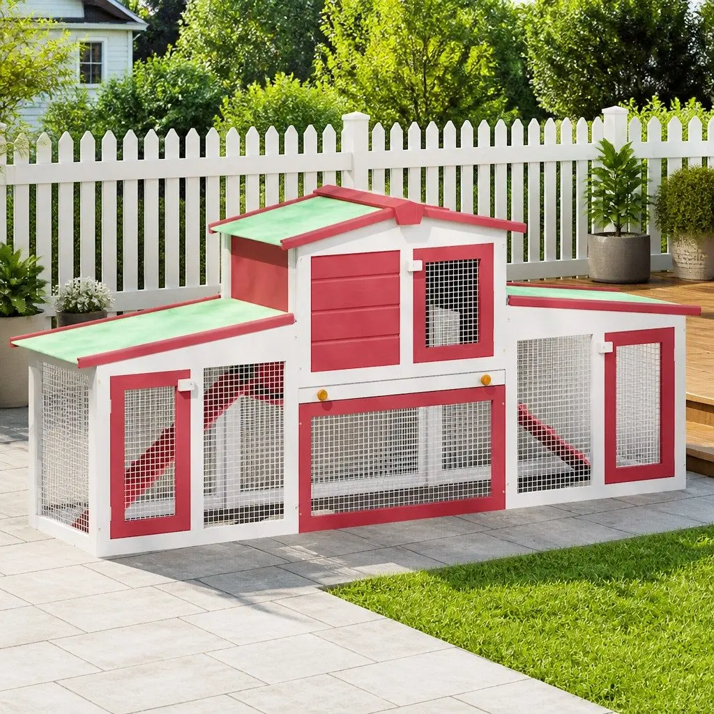 Outdoor Rabbit Hutch Large Wooden Cage 2 Tier Small Animal House with Run Red
