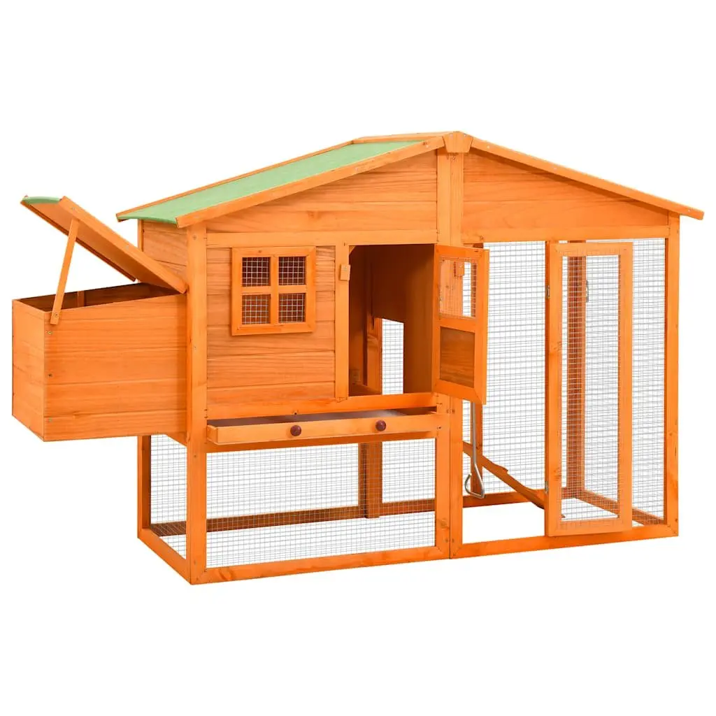 Solid Fir Wood Chicken Coop Large Run with Nest Box and Galvanised Steel Wire Mesh Brown