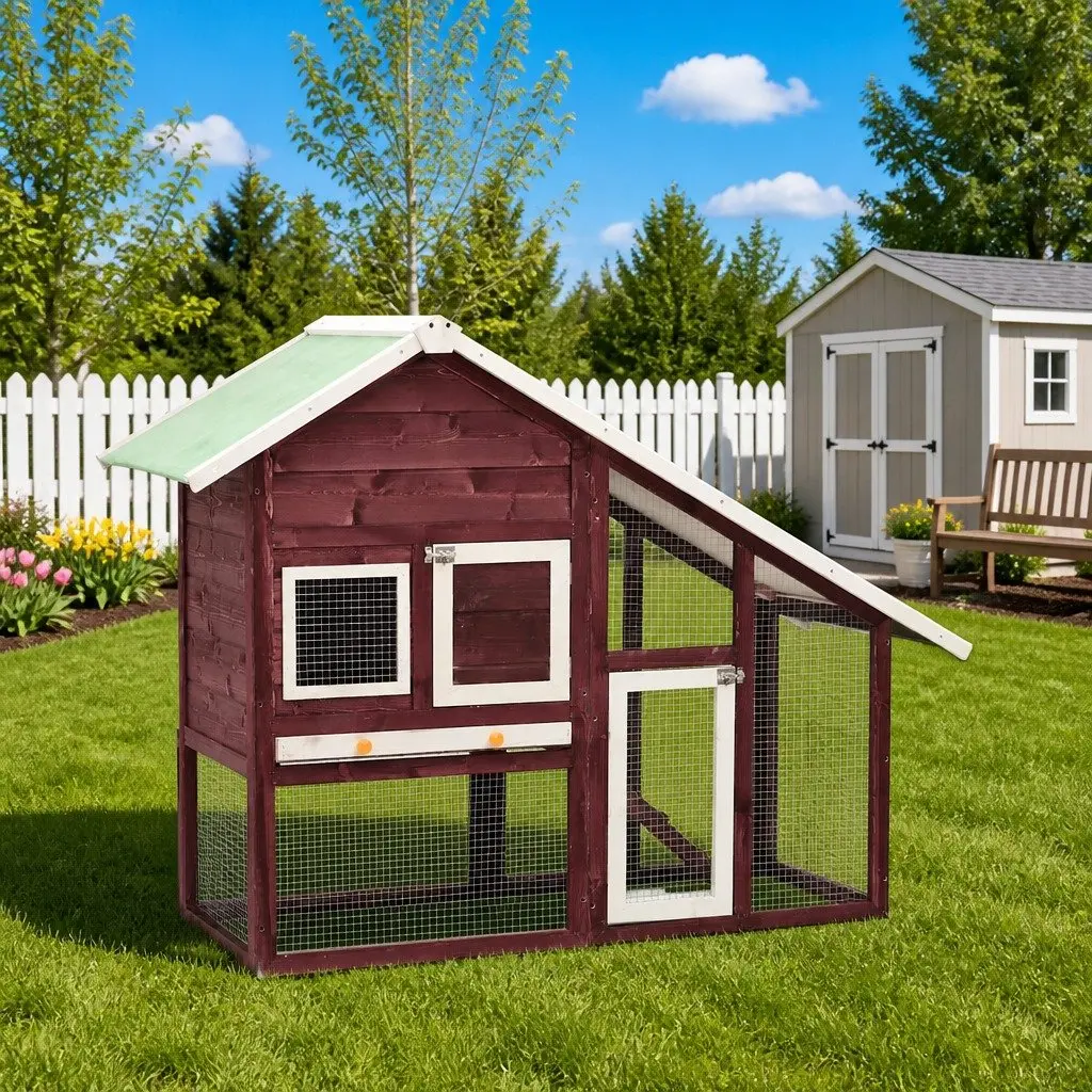 Two-Tier Rabbit Hutch Wooden Firwood Frame with Steel Mesh Doors and Tilting Roof for Small Animals Brown