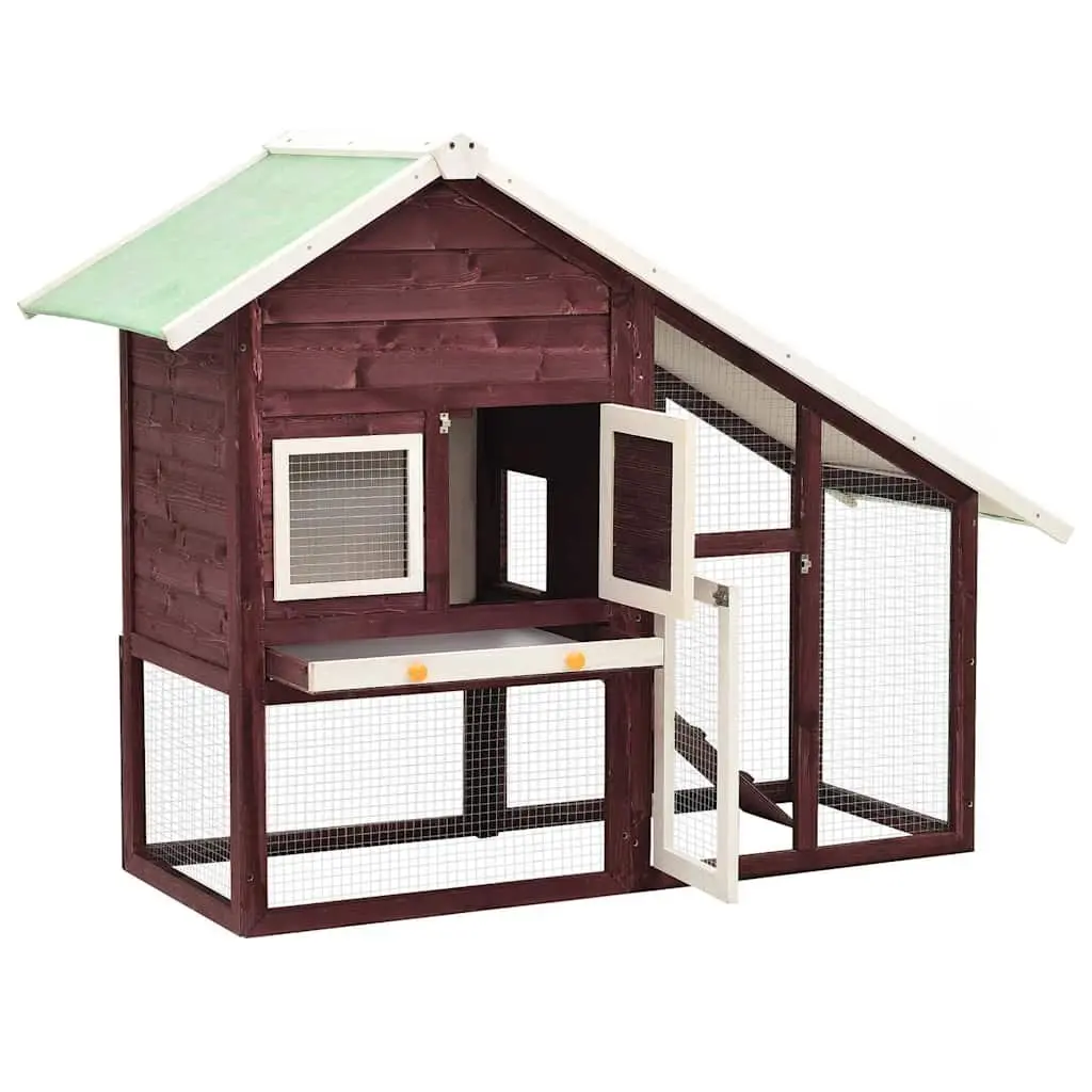 Two-Tier Rabbit Hutch Wooden Firwood Frame with Steel Mesh Doors and Tilting Roof for Small Animals Brown