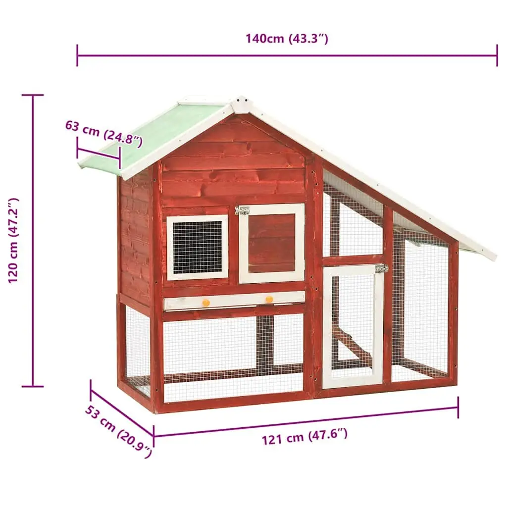 Rabbit Hutch Wooden 2-Layer Red Small Animal Cage Outdoor Pet House with Ramp