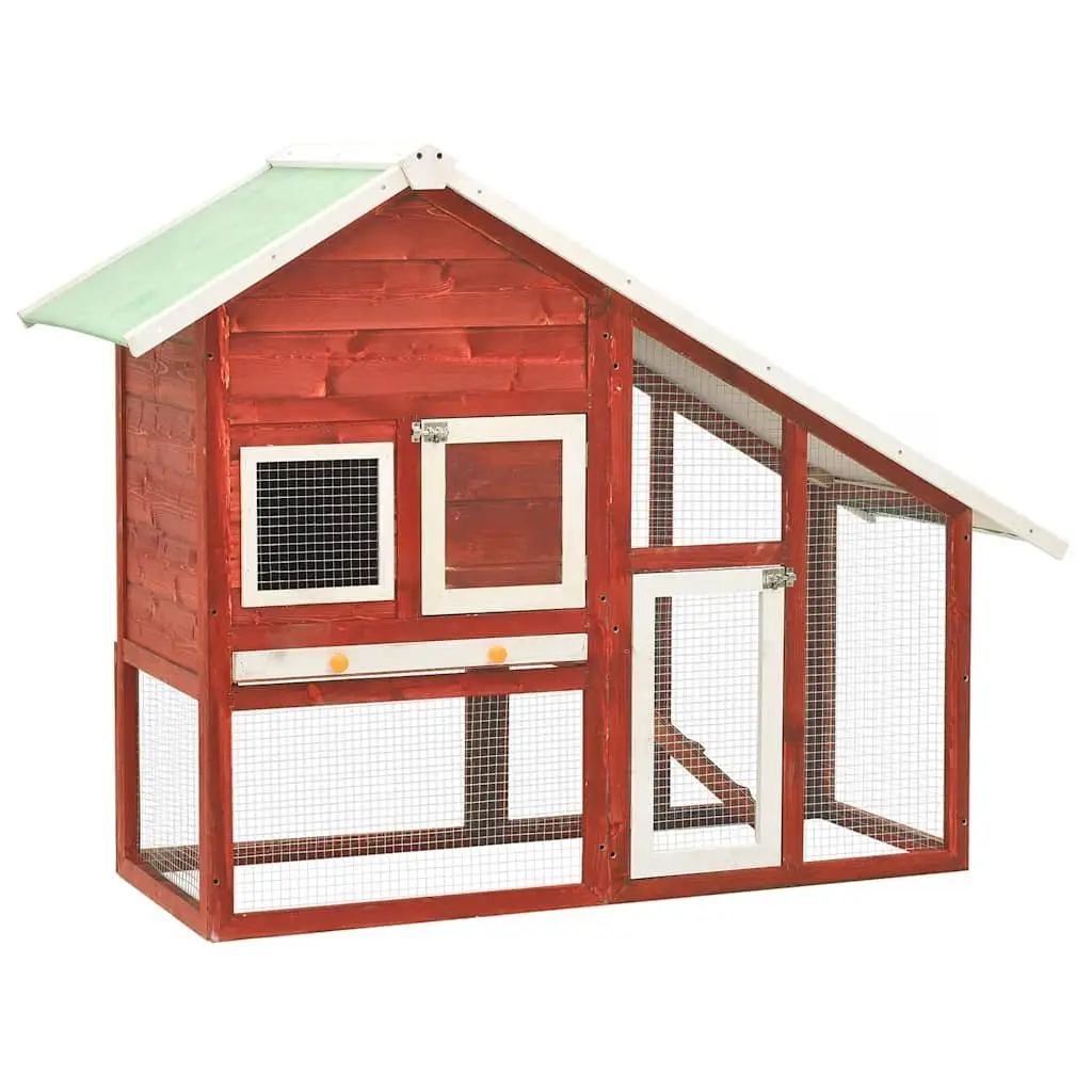Rabbit Hutch Wooden 2-Layer Red Small Animal Cage Outdoor Pet House with Ramp