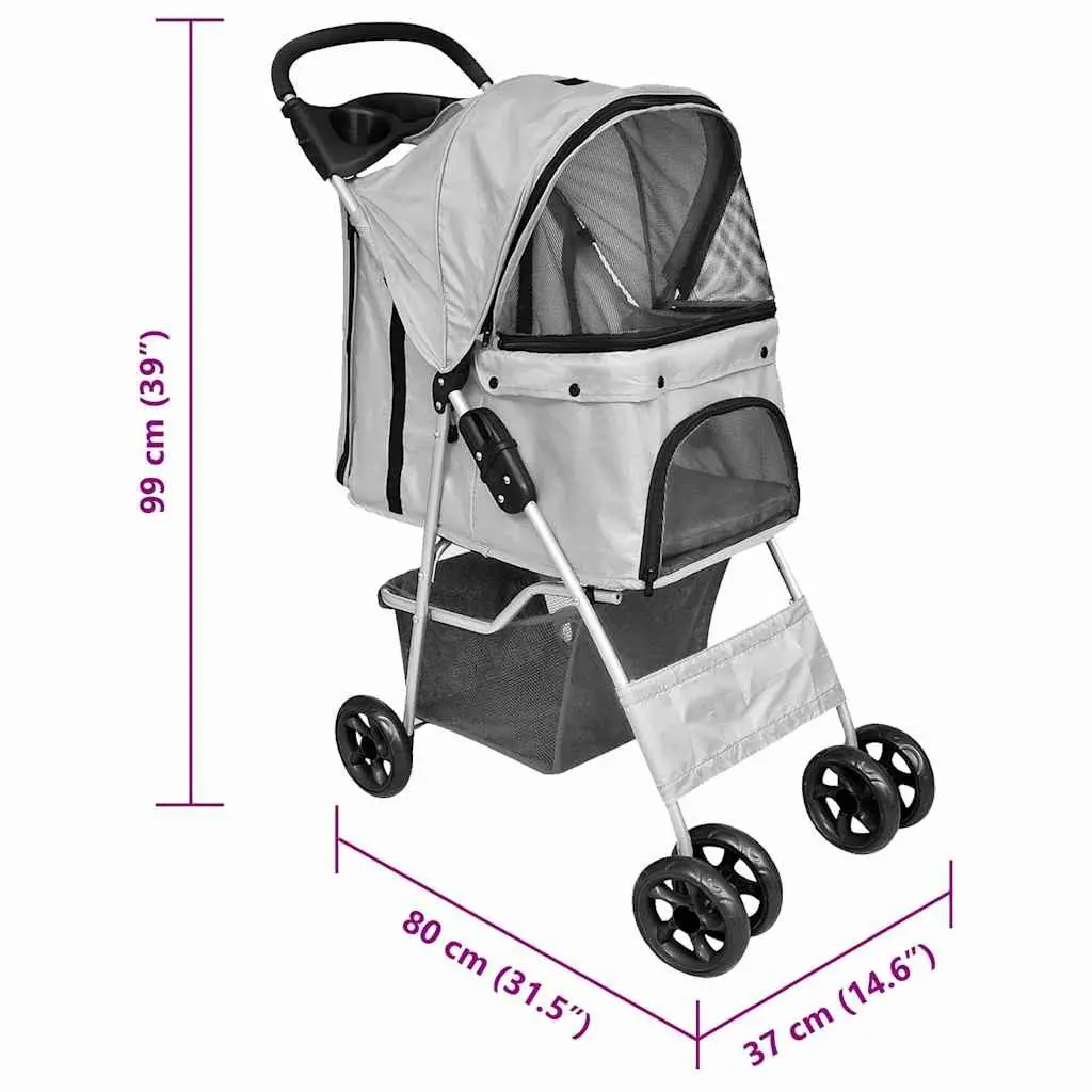 Pet Stroller Folding Lightweight Steel Frame Grey
