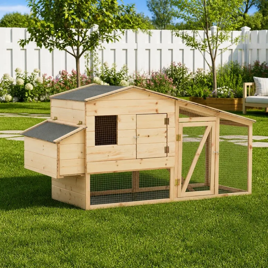 Chicken Cage Solid Pine Wood Brown Small Animal Hutch Coop Nesting Box Ramp