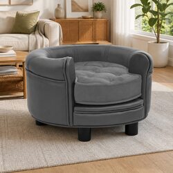 Dog Sofa Pet Bed Grey Plush Faux Leather Cushion Cover Wooden Frame Legs