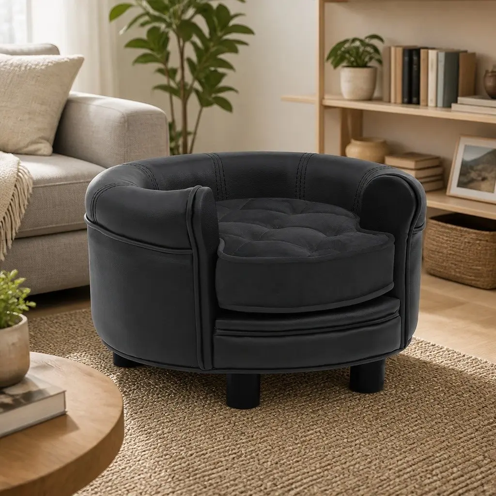 Dog Sofa Wooden Frame Faux Leather Small Size Grey