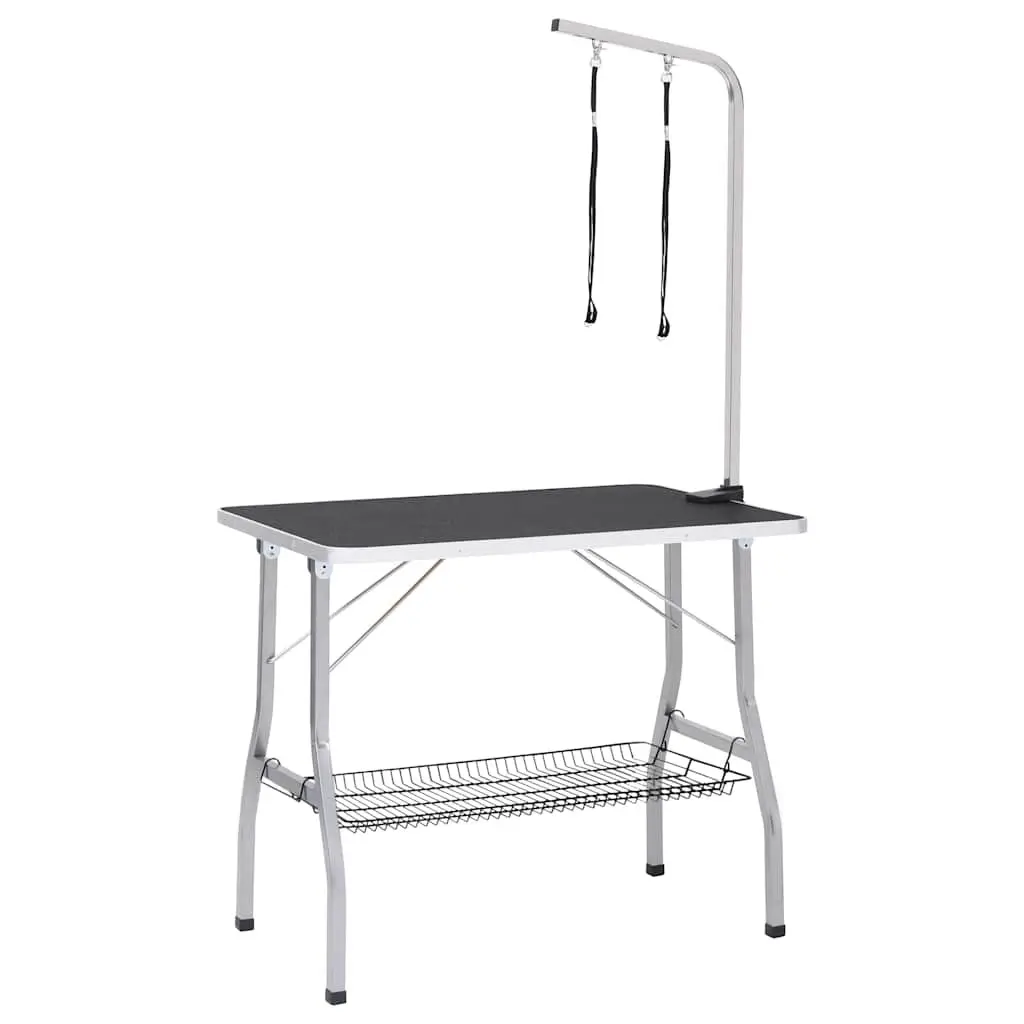 Dog Grooming Table Foldable Steel Adjustable Black with Stainless Steel Arm and Storage Basket