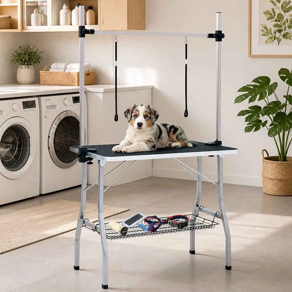 Dog Grooming Table Adjustable Height Foldable Non-Slip Black Tabletop