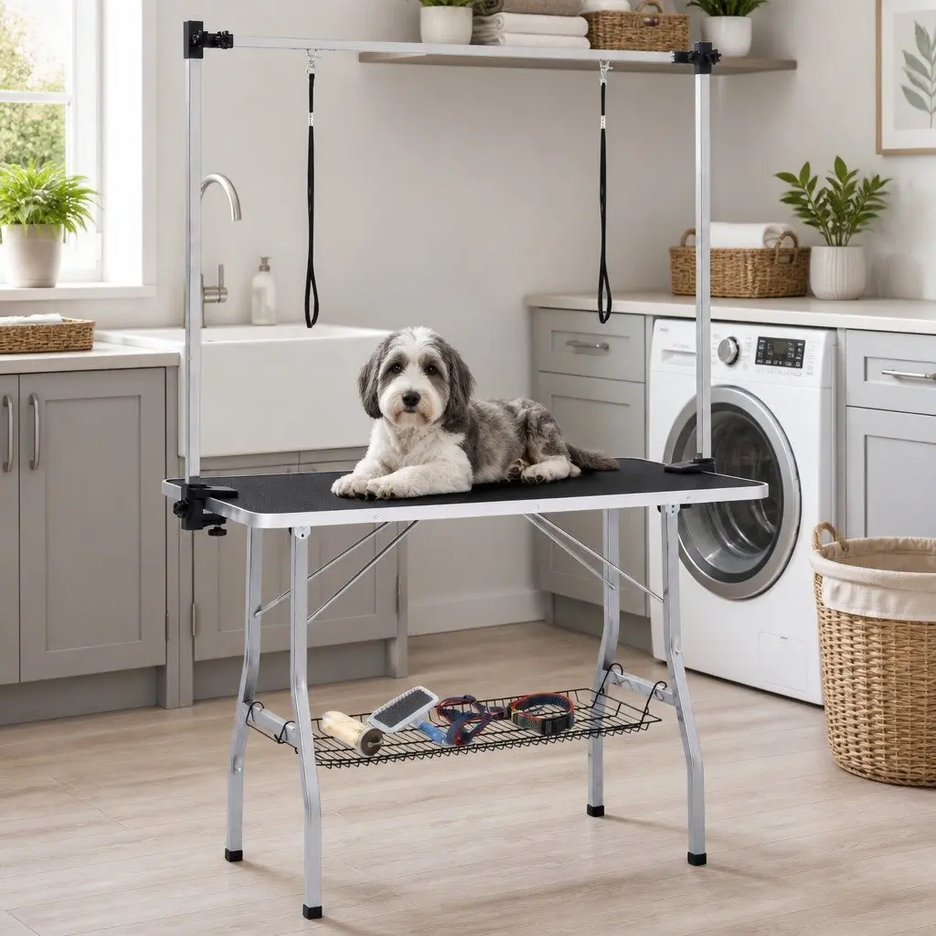 Dog Grooming Table Steel Adjustable Height Foldable Non-Slip Black