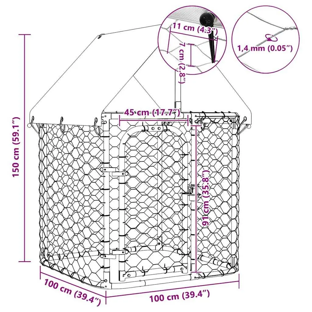Dog Kennel Galvanised Steel 100cm x 100cm x 150cm Silver Mesh Enclosure with Roof
