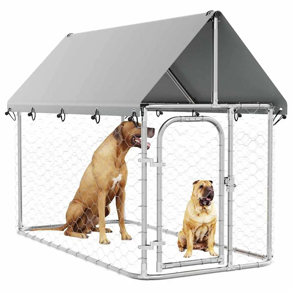 Outdoor Dog Kennel with Roof Silver Steel Mesh Run Enclosure Exercise Pen
