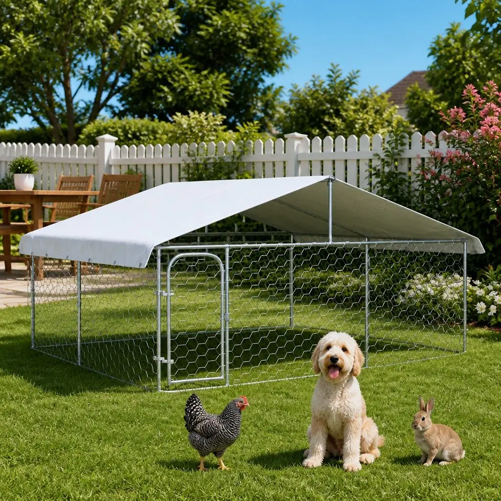 Outdoor Dog Kennel with Roof Large Backyard Enclosure Run Lockable Door Silver