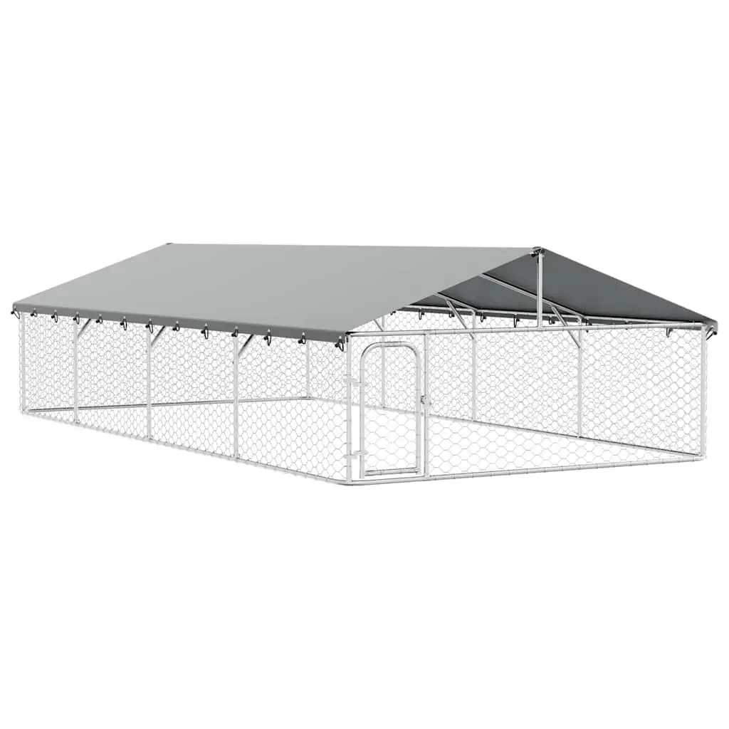 Outdoor Dog Kennel with Roof Silver Sturdy Steel Mesh Run Enclosure Exercise Pen