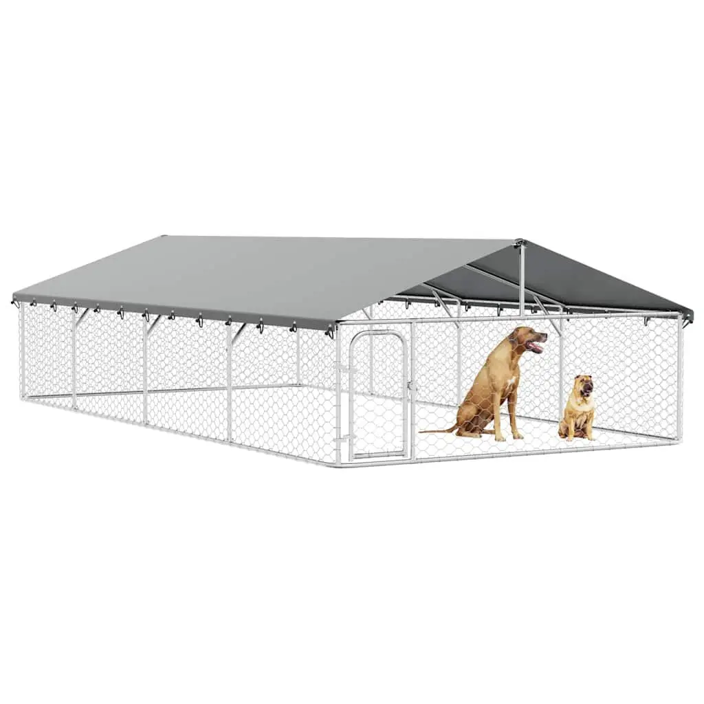 Outdoor Dog Kennel with Roof Silver Sturdy Steel Mesh Run Enclosure Exercise Pen