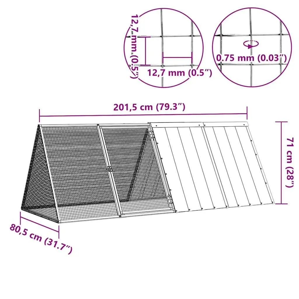 Rabbit Cage Galvanised Steel Outdoor Hutch 201.5 x 80.5 x 71 cm Grey