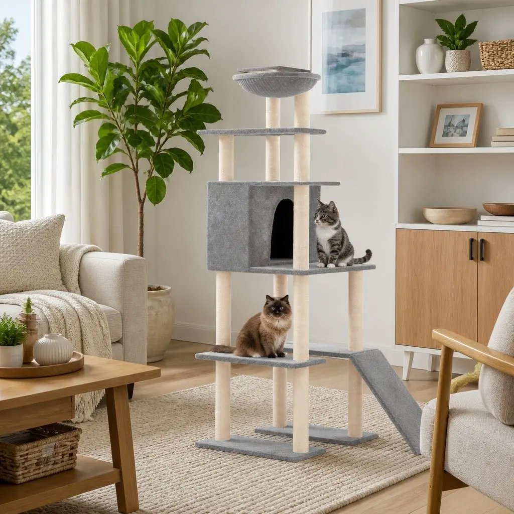 Cat Tree Multi-Level House with Sisal Scratching Posts Grey 166 cm