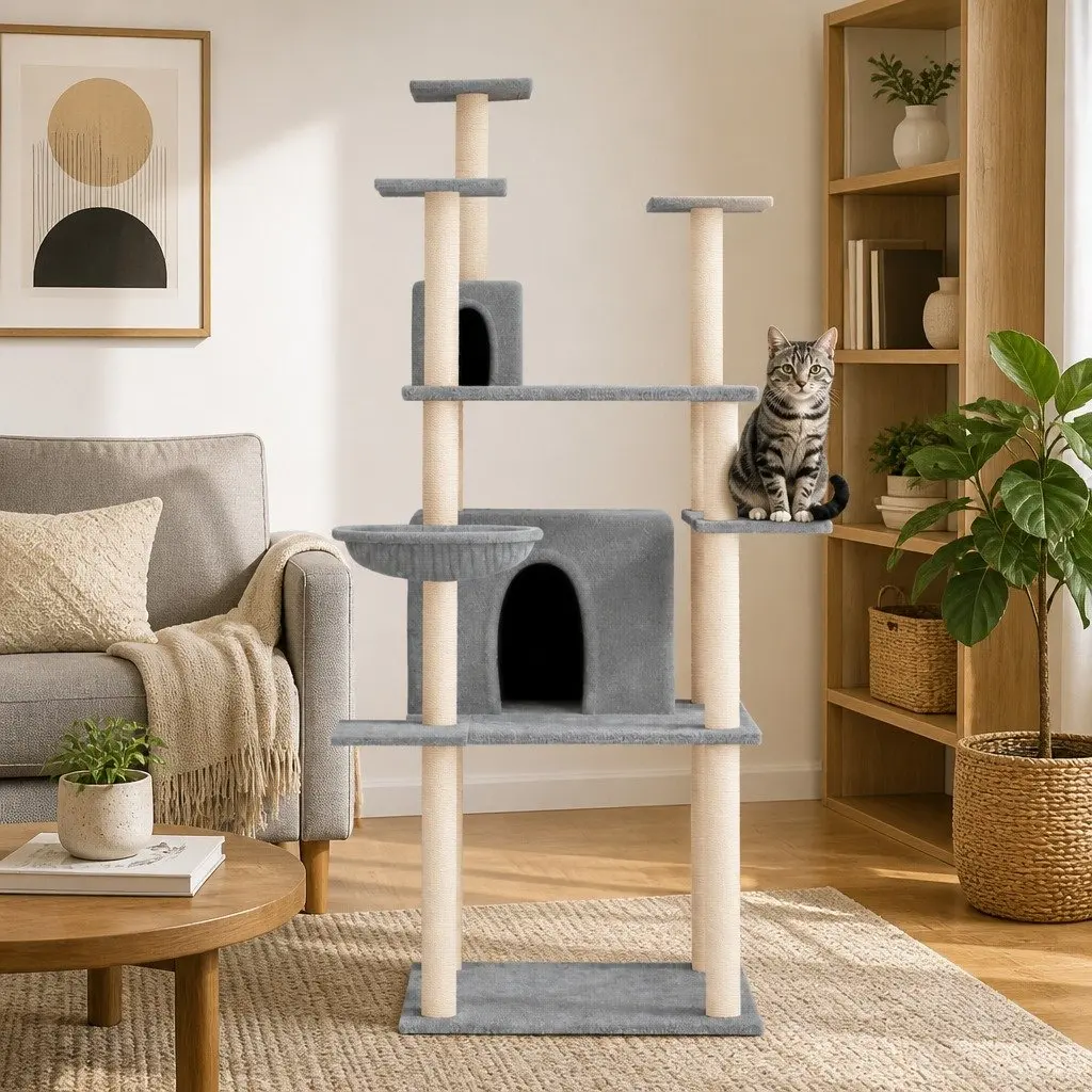 Cat Tree Multi-Level Furniture Soft Plush Grey 166 cm with Sisal Scratching Posts and Houses