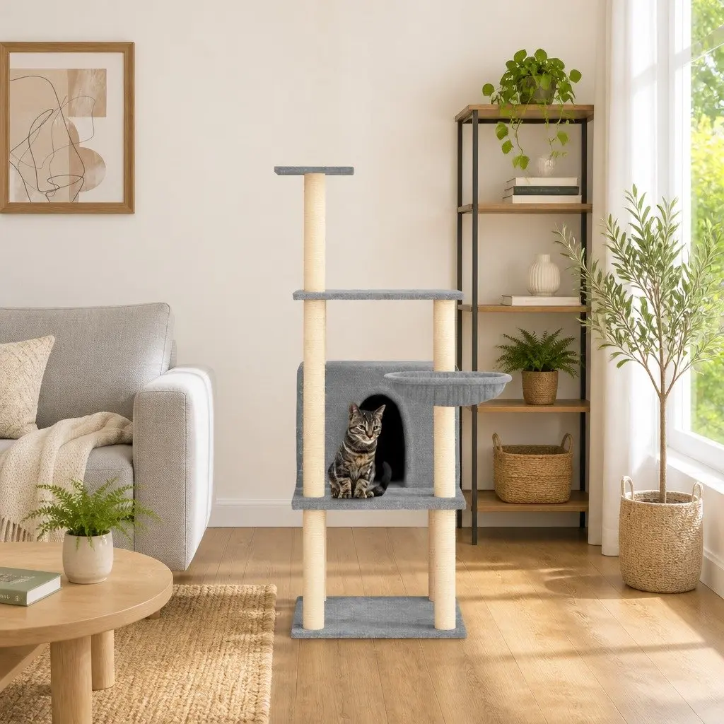 Cat Tree Multi-Level Plush Grey with Sisal Scratching Posts House Basket Platforms