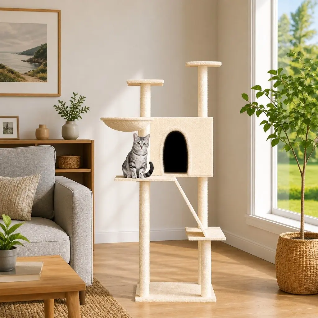 Cat Tree Multi-Level Plush 143 cm Cream