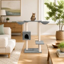 Functional Grey Cat Tree with Baskets and Platforms