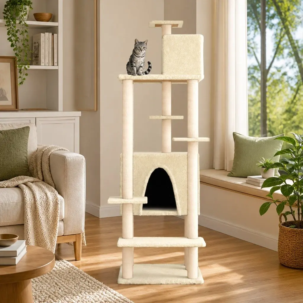 Cat Tree Multi-Level Cream 154cm with Sisal Scratching Posts and Houses