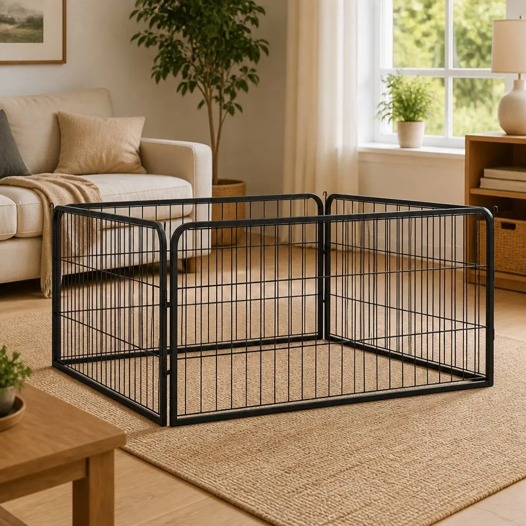 4 Panel Dog Exercise Pen Black Powder Coated Steel 100 x 50 cm Heavy Duty Puppy Kennel Enclosure