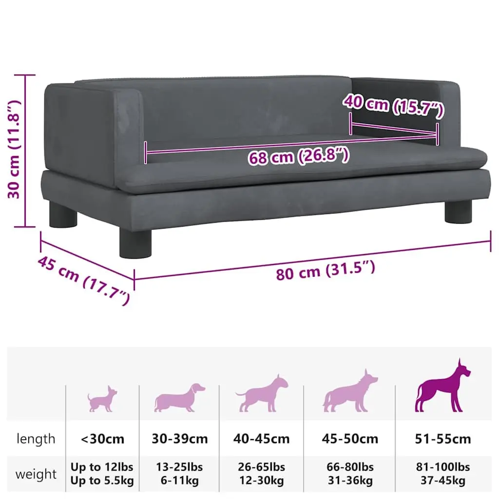 Dog Bed Velvet Grey 80x45x30cm Foam Pine Wood Frame