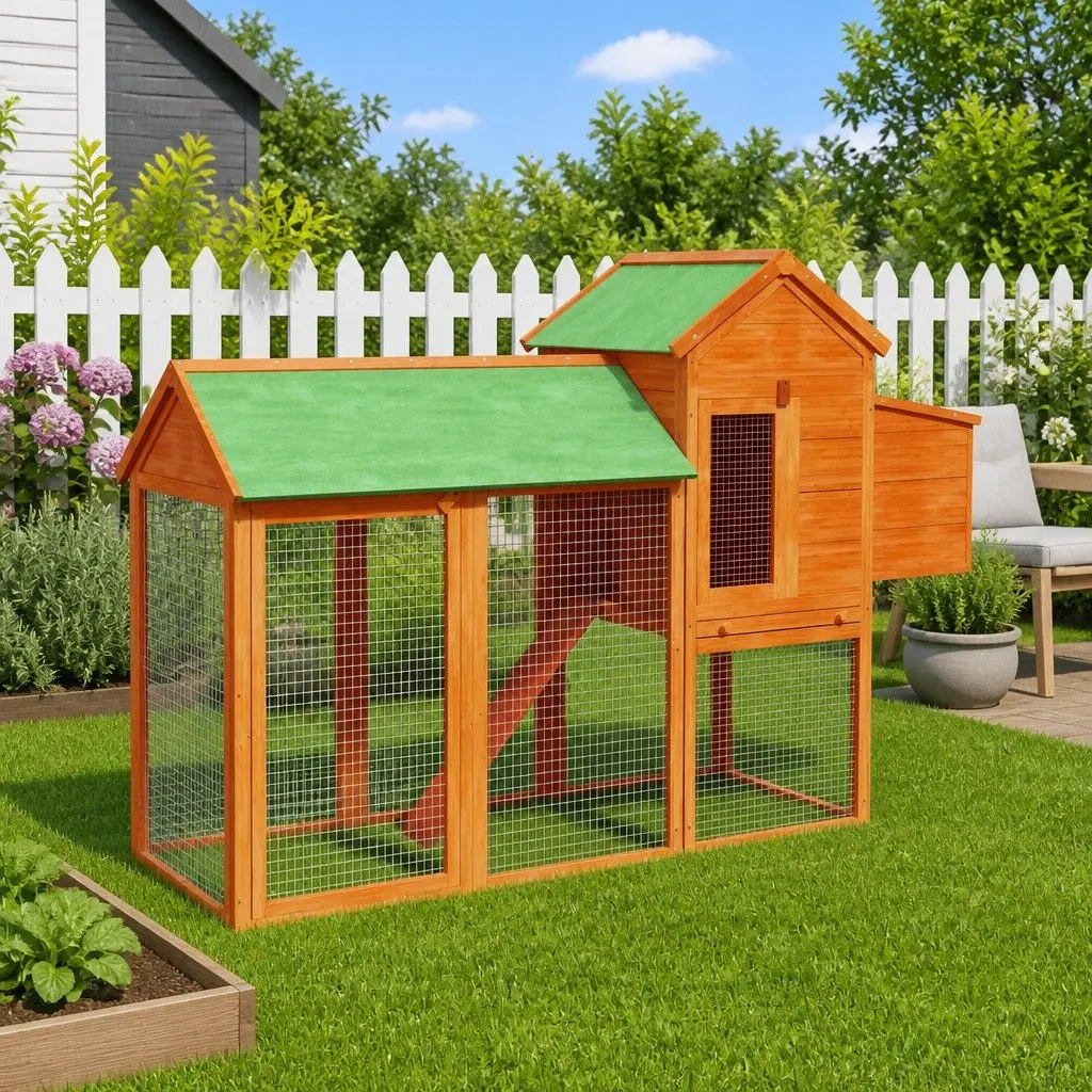 Chicken Coop Brown Solid Pine Wood Nesting Box Ramp Run Outdoor Small Animal