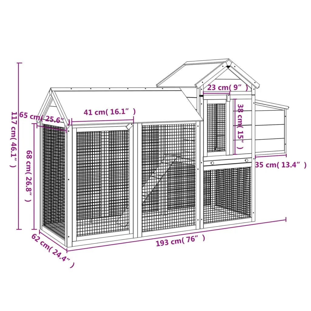 Chicken Coop Solid Pine Wood Outdoor 193x65x117cm Brown